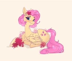 Size: 4000x3400 | Tagged: safe, artist:sukiskuki, character:fluttershy, species:pegasus, species:pony, alternate hairstyle, beige background, blushing, chest fluff, female, flower, flower in hair, head turn, high res, looking at you, mare, partial background, prone, short hair, simple background, smiling, solo, wings