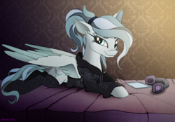 Size: 1582x1104 | Tagged: safe, artist:andaluce, oc, oc only, oc:haze northfleet, species:pegasus, species:pony, bed, clothing, female, headphones, hoodie, looking at you, mare, socks, solo, spread wings, wings