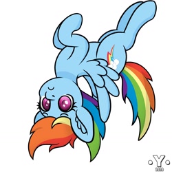 Size: 1980x1980 | Tagged: safe, artist:yelowcrom, character:rainbow dash, species:pegasus, species:pony, newbie artist training grounds, female, frown, mare, simple background, solo, upside down, white background, wings