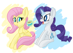 Size: 1750x1282 | Tagged: safe, artist:notadeliciouspotato, character:fluttershy, character:rarity, species:pegasus, species:pony, species:unicorn, newbie artist training grounds, atg 2020, crying, cup, duo, female, folded wings, looking at each other, magic, mare, open mouth, simple background, sitting, smiling, teacup, telekinesis, white background, wings, wiping tears