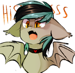 Size: 1000x970 | Tagged: safe, artist:thieftea, oc, oc only, oc:greycedar, species:bat pony, species:pony, angry, choker, cute, fangs, floppy ears, heart, hissing, male, open mouth, simple background, solo, stallion, text, white background
