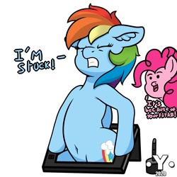 Size: 1980x1980 | Tagged: safe, artist:yelowcrom, character:pinkie pie, character:rainbow dash, species:earth pony, species:pegasus, species:pony, newbie artist training grounds, belly button, dialogue, drawing tablet, ear fluff, female, floppy ears, implied weight gain, mare, stuck, text