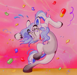 Size: 1448x1408 | Tagged: safe, artist:littmosa, oc, oc:lynxie, species:earth pony, species:pony, commission, confetti, crazy face, dancing, derp, faec, open mouth, pills, pink background, simple background, smiling