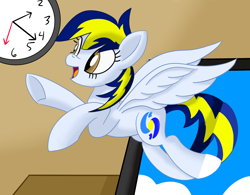 Size: 1920x1500 | Tagged: safe, artist:notadeliciouspotato, oc, oc only, oc:huracata, species:pegasus, species:pony, newbie artist training grounds, atg 2020, clock, computer, desk, female, flying, laptop computer, mare, open mouth, smiling, solo, spread wings, wings