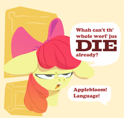 Size: 3000x2860 | Tagged: safe, artist:jimmyjamno1, character:apple bloom, species:earth pony, species:pony, abstract background, annoyed, bust, dialogue, female, filly, floppy ears, implied applejack, offscreen character, portrait, solo, speech bubble, text
