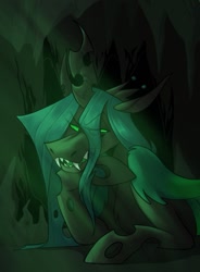 Size: 963x1305 | Tagged: safe, artist:rockin_candies, character:queen chrysalis, species:changeling, cave, changeling queen, crown, fangs, female, grin, horn, jewelry, light rays, lying down, regalia, smiling, solo, teeth