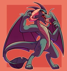 Size: 1248x1331 | Tagged: safe, artist:rockin_candies, character:princess ember, species:dragon, abstract background, female, horns, open mouth, orange background, simple background, snarling, solo, spread wings, teeth, tongue out, wings