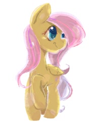 Size: 768x1024 | Tagged: safe, artist:tomizawa96, character:fluttershy, species:pegasus, species:pony, female, folded wings, head turn, looking away, mare, raised hoof, simple background, smiling, solo, white background, wings
