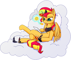 Size: 1600x1348 | Tagged: safe, artist:dacaoo, character:sunset shimmer, species:alicorn, species:pony, alicornified, cloud, computer, crossed legs, ear fluff, female, food, glasses, hoof shoes, jewelry, laptop computer, lidded eyes, orange, peytral, race swap, regalia, shimmercorn, shoes removed, simple background, smiling, solo, spread wings, transparent background, wings