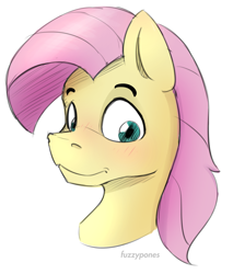 Size: 876x1026 | Tagged: safe, artist:fuzzypones, character:fluttershy, species:pegasus, species:pony, blushing, bust, butterscotch, male, rule 63, solo