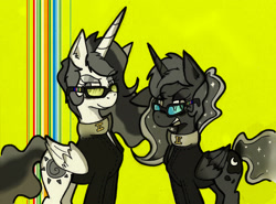 Size: 2705x2005 | Tagged: safe, artist:wirelesspony, character:princess celestia, character:princess luna, species:alicorn, species:pony, clothing, duo, glasses, lidded eyes, limited palette, two best sisters play