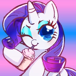 Size: 768x768 | Tagged: safe, artist:tomizawa96, character:rarity, species:pony, species:unicorn, blushing, cute, eyeshadow, female, makeup, mare, one eye closed, raribetes, selfie, sipping, smoothie, solo, straw