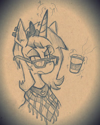Size: 1392x1732 | Tagged: safe, artist:wirelesspony, character:princess luna, species:alicorn, species:pony, bust, coffee, coffee cup, cup, ear piercing, earring, female, glasses, hipster, jewelry, lidded eyes, magic, monochrome, piercing, s1 luna, shawl, solo, telekinesis, traditional art