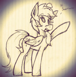Size: 1938x1955 | Tagged: safe, artist:wirelesspony, character:derpy hooves, species:pegasus, species:pony, female, food, implied soarin', lined paper, monochrome, muffin, sketch, solo, traditional art, waving