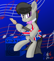 Size: 1526x1700 | Tagged: safe, artist:notadeliciouspotato, character:octavia melody, species:earth pony, species:pony, newbie artist training grounds, amplifier, atg 2020, background pony, bipedal, britavia, electric guitar, female, gradient background, guitar, mare, musical instrument, raised leg, signature, smiling, solo, union jack