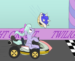 Size: 1650x1350 | Tagged: safe, artist:nitei, character:flitter, species:pegasus, species:pony, newbie artist training grounds, atg 2020, blue shell, bowser, female, finish line, kart, looking up, mare, mario kart, solo