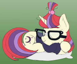 Size: 1725x1450 | Tagged: safe, artist:nitei, character:moondancer, species:pony, species:unicorn, newbie artist training grounds, atg 2020, clothing, eyes closed, female, glasses, gradient background, hairband, mare, pillow, prone, sleeping, solo