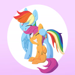 Size: 2102x2092 | Tagged: safe, artist:jimmyjamno1, character:rainbow dash, character:scootaloo, species:pegasus, species:pony, backwards cutie mark, circle, cute, cutealoo, female, filly, happy, mare, one eye closed, scootalove, siblings, sisters, smiling, wink