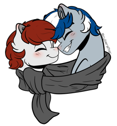 Size: 1280x1387 | Tagged: safe, artist:cyberafter, oc, oc only, oc:harry, oc:kip, species:earth pony, species:pegasus, species:pony, blushing, bust, clothing, earth pony oc, eyes closed, gay, male, oc x oc, pegasus oc, scarf, shared clothing, shared scarf, shipping, simple background, smiling, stallion, transparent background