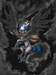 Size: 900x1200 | Tagged: safe, artist:malinraf1615, character:pony of shadows, character:stygian, species:pony, species:unicorn, cloak, clothing, colored hooves, glowing eyes, male, solo, stallion, unshorn fetlocks, wings
