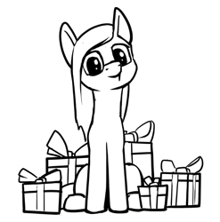 Size: 576x583 | Tagged: safe, artist:dacaoo, oc, oc only, oc:boo, species:earth pony, species:pony, fallout equestria, fallout equestria: project horizons, black and white, ears up, fanfic art, grayscale, happy new year, holiday, looking at you, monochrome, present, simple background, smiling at you, solo, white mane