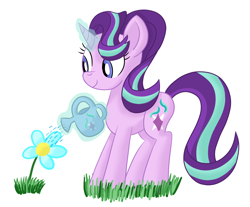 Size: 1574x1302 | Tagged: safe, artist:notadeliciouspotato, character:starlight glimmer, species:pony, species:unicorn, newbie artist training grounds, atg 2020, female, flower, grass, magic, mare, simple background, smiling, solo, telekinesis, watering can, white background