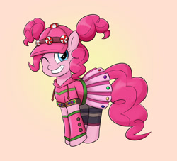 Size: 1100x1000 | Tagged: safe, artist:mew-me, character:pinkie pie, species:earth pony, species:pony, alternate hairstyle, candy, clothing, cosplay, costume, food, fortnite, grin, hat, one eye closed, smiling, wink, zoey