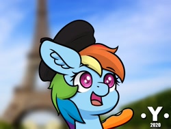 Size: 1980x1500 | Tagged: safe, artist:yelowcrom, character:rainbow dash, species:pegasus, species:pony, newbie artist training grounds, baguette, beret, bread, clothing, eiffel tower, female, food, france, hat, mare, solo