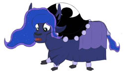Size: 2000x1200 | Tagged: safe, artist:nitei, character:princess luna, species:yak, newbie artist training grounds, atg 2020, female, simple background, solo, species swap, white background, worried, yakified