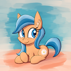 Size: 1350x1350 | Tagged: safe, artist:litrojia, character:orange zest, species:earth pony, species:pony, episode:cute-pocalypse meow, g4.5, my little pony: pony life, my little pony:pony life, spoiler:pony life s01e03, abstract background, background pony, cheek fluff, crossed hooves, ear fluff, female, g4.5 to g4, looking back, mare, scene interpretation, sitting, smiling, solo