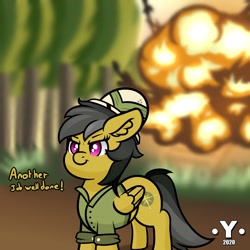 Size: 1980x1980 | Tagged: safe, artist:yelowcrom, character:daring do, species:pegasus, species:pony, newbie artist training grounds, cool guys don't look at explosions, explosion, female, mare