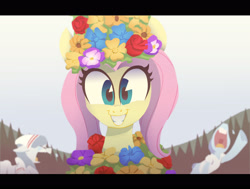 Size: 3000x2265 | Tagged: safe, artist:jimmyjamno1, character:fluttershy, species:pony, bust, clothing, crying, dress, female, floral head wreath, flower, full face view, grin, implied death, looking at you, mare, midsommar, outdoors, scene interpretation, smiling, solo focus, this will end in death, this will end in tears, this will end in tears and/or death, wreath