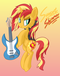 Size: 1594x2000 | Tagged: safe, artist:notadeliciouspotato, character:sunset shimmer, species:pony, species:unicorn, newbie artist training grounds, alternate hairstyle, atg 2020, clothing, electric guitar, female, gradient background, guitar, jacket, mare, musical instrument, smiling, solo, text