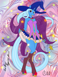 Size: 1134x1500 | Tagged: safe, artist:sepiakeys, character:trixie, species:anthro, species:pony, species:unguligrade anthro, species:unicorn, abstract background, boots, cape, clothing, cutout, female, hat, magical girl, magical girl outfit, shoes, skirt, solo, trixie's hat, wand