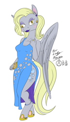 Size: 866x1500 | Tagged: safe, artist:sepiakeys, character:derpy hooves, species:anthro, species:pegasus, species:pony, species:unguligrade anthro, anklet, clothing, clutch, cross-eyed, cutout, dress, ear piercing, earring, fancy dress, female, grand galloping gala, horseshoes, jewelry, makeup, piercing, solo, styled hair