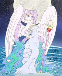 Size: 1221x1500 | Tagged: safe, artist:sepiakeys, character:princess celestia, species:alicorn, species:anthro, species:pony, alternate hairstyle, clothing, crossover, dress, female, moon, queen serenity, sailor moon, solo, staff, wings