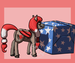 Size: 1200x1000 | Tagged: safe, artist:azurllinate, oc, oc only, oc:maple frost kanata, species:bat pony, species:earth pony, species:pony, accessories, bat pony oc, bat wings, birthday, brown eyes, canada, canada day, cloven hooves, ear fluff, female, freckles, gift wrapped, half-bat pony, half-earth pony, hybrid, long mane, long tail, stars, two toned mane, two toned tail, wings