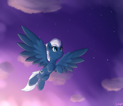 Size: 1750x1500 | Tagged: safe, artist:litrojia, character:night glider, species:pegasus, species:pony, newbie artist training grounds, atg 2020, cheek fluff, chest fluff, cloud, colored wings, ear fluff, female, looking up, mare, multicolored wings, redraw, smiling, solo, spread wings, stars, twilight (astronomy), wings