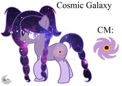 Size: 1024x726 | Tagged: safe, artist:princesslunayay, oc, oc only, oc:cosmic galaxy, species:earth pony, species:pony, cutie mark, deviantart watermark, ethereal mane, freckles, galaxy eye, galaxy mane, galaxy tail, logo, obtrusive watermark, pigtails, simple background, socks (coat marking), solo, watermark, white background