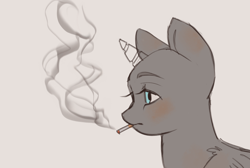Size: 2972x2000 | Tagged: safe, artist:klooda, species:pony, advertisement, blushing, bust, cigarette, commission, eyes half closed, female, mare, portrait, simple background, smoke, smoking, solo, stare