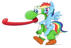 Size: 622x419 | Tagged: safe, artist:firenhooves, derpibooru original, character:rainbow dash, species:pony, crossover, cute, long tongue, nintendo, open mouth, riding, simple background, tongue out, video game, white background, yoshi