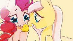 Size: 1551x872 | Tagged: safe, artist:tomizawa96, character:fluttershy, character:pinkie pie, species:earth pony, species:pegasus, species:pony, bust, duckling, duo, female, hoof hold, looking at someone, mare, raised hoof, rubber duck, smiling