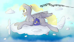 Size: 1920x1080 | Tagged: safe, artist:fuzzypones, character:derpy hooves, species:pegasus, species:pony, bag, blep, blushing, cloud, female, flying, mail, mailmare, mare, onomatopoeia, plane, raspberry, raspberry noise, saddle bag, sky, solo, text, tongue out