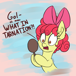 Size: 1450x1450 | Tagged: safe, artist:litrojia, character:apple bloom, species:earth pony, species:pony, abstract background, alternate hairstyle, dialogue, female, filly, golly, implied cozy glow, mirror, solo, what in tarnation