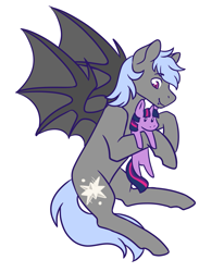 Size: 1315x1599 | Tagged: safe, artist:flaming-trash-can, character:twilight sparkle, oc, oc:grey vicar, species:bat pony, species:pony, bat wings, commission, plushie, wings