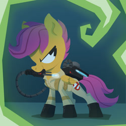 Size: 3150x3150 | Tagged: safe, artist:jimmyjamno1, character:scootaloo, species:pegasus, species:pony, clothing, cosplay, costume, ghostbusters, mouth hold