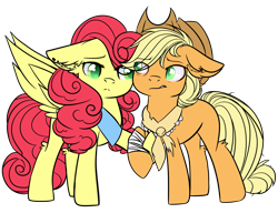 Size: 7161x5499 | Tagged: safe, artist:bublebee123, artist:icey-wicey-1517, edit, character:applejack, character:strawberry sunrise, species:earth pony, species:pegasus, species:pony, ship:applerise, alternate hairstyle, applejack's hat, bandage, bandana, bloodshot eyes, clothing, collaboration, color edit, colored, cowboy hat, ear piercing, earring, female, hat, injured, jewelry, lesbian, looking at each other, missing cutie mark, piercing, raised hoof, sad, shipping, simple background, transparent background, worried