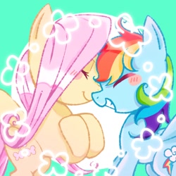 Size: 768x768 | Tagged: safe, artist:tomizawa96, character:fluttershy, character:rainbow dash, species:pegasus, species:pony, ship:flutterdash, blushing, cute, dashabetes, eyes closed, female, lesbian, shipping, shyabetes, simple background