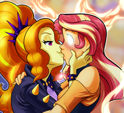 Size: 1100x1000 | Tagged: safe, artist:shaxbert, character:adagio dazzle, character:sunset shimmer, ship:sunsagio, my little pony:equestria girls, bedroom eyes, blank eyes, blushing, clothing, female, geode of empathy, glowing eyes, hand on cheek, hand on head, hands on head, holding head, kissing, lesbian, lips, magical geodes, shipping, smug, smugio dazzle