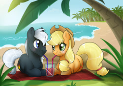 Size: 2480x1748 | Tagged: safe, artist:ali-selle, character:applejack, oc, oc:dragon, species:pony, beach, canon x oc, commission, cute, dragojack, drink, drinking, female, having fun, looking at each other, male, shipping, straight, summer, vacation